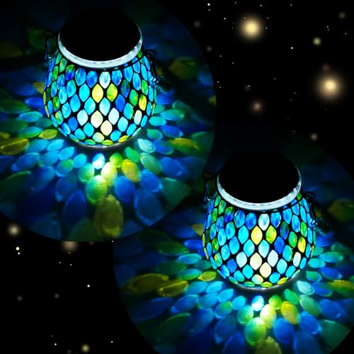 2 Pack Mosaic Blue Solar Lanterns, Outdoor Glass Hanging Lights, Waterproof, Solar Table Lamps, Christmas Gifts for Women Mom Grandma, Night Lights, Decoration for Garden, Patio, Yard, Outdoor Decor - style: 2 Pack Serene