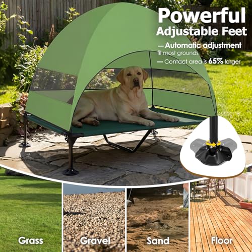 Elevated Dog Bed with Upgraded Canopy, Raised Outdoor Dog Tent with Powerful Anti-Slip Feet, Portable Pet Cot with Larger Shade, Raised Cooling Bed for Camping, Backyard, Beach, Poolside - color: Green, size: X-large: 50.0"l X 32.0"w X 42.5"th