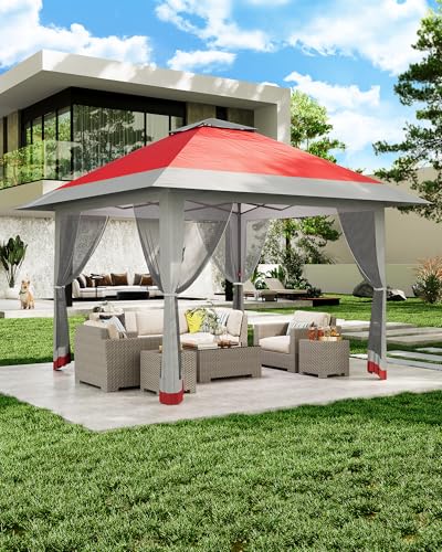 13X13 Pop Up Gazebo,Outdoor Canopy Tent with Mosquito Netting, Double Vented Roof Sun Shelter with Adjustable Heights,Outdoor Gazebo for Backyard & Patio Furniture.（Red+light gray-four sides Gazebos）. - color: Red+light gray