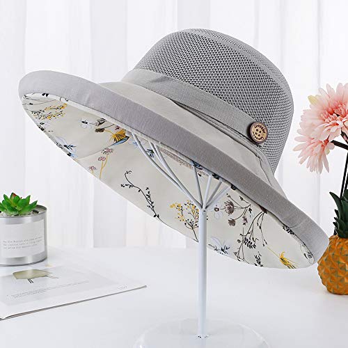 Women Mesh Sun Hats Summer Beach UV Protection UPF Packable Wide Brim Chin Strap - color: Grey