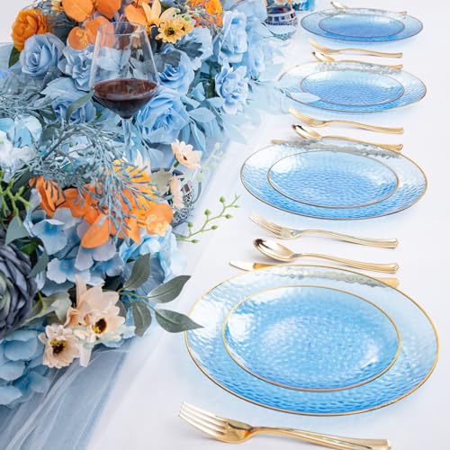 Rubtlamp 60Pcs Clear Blue Plastic Plates, Hammered Blue Plates, Clear Fancy Disposable Plates With Gold Rim Include 30 Dessert Plates, 30 Dinner Plates for Party - color: Clear Blue Gold
