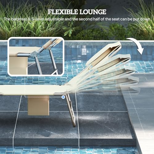 Outsunny Chaise Lounge Chair Outdoor Set of 2 with Face Arm Hole, 5-Position Reclining Face Down Tanning Chair with Carry Strap, Side Pocket, Portable Folding Bed Cot for Patio Beach Pool, Beige - color: Beige, size: 2 Pieces