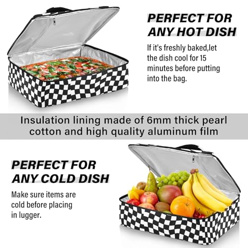 Black and White Checkered Casserole Dish Carrier, Insulated Food Tote Bag for Hot or Cold Dishes, Portable Storage Case for Potluck Picnic Camping Party