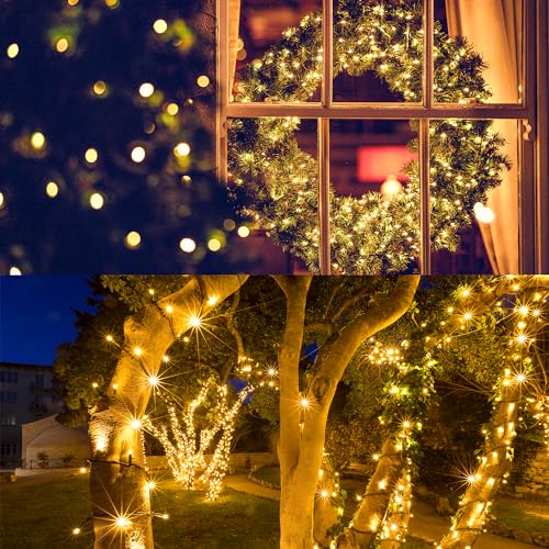 2Pack-300LED Solar String Lights, 112Ft Solar String Lights Outdoor with 8 Modes ，Solar Christmas Lights Outdoor Waterproof for Yard, Fence,Balcony, Party,Christmas Tree Decorations (Warm White) - color: Warm White, size: 2pack300LED