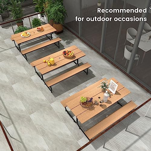 Giantex 6 FT Outdoor Picnic Table Bench Set for 6-8 People, 2400 LBS Capacity Patio Dining Table & 2 Benches with Metal Frame & HDPE, Balcony Conversation Set for Poolside Deck Garden (Brown) - color: Brown