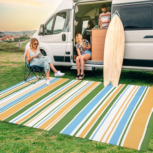 GarveeHome 9x18 Outdoor Rug Geometric Reversible Plastic Straw Outdoor Rugs Colorful Striped Outdoor Carpet UV Resistant Portable Large Rug for Camping Beach Porch RV Deck, Yellow Blue Green White - color: Geometric Stripes| Yellow Blue Green White, size: