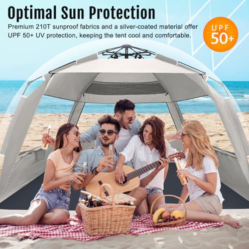 WhiteFang Deluxe Pop Up Beach Tent Sun Shade Shelter for 3-4/5-6 Person, UV Protection, Extendable Floor with 3 Ventilating Windows Plus Carrying Bag, Stakes, and Guy Lines - color: Baby's Breath, size: XX-Large