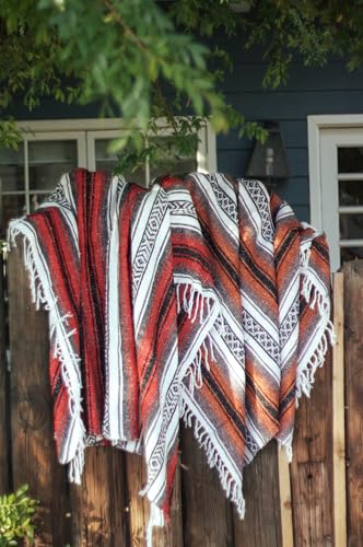 Del Mex Classic Mexican Blanket, Large Authentic Woven Falsa Throw (70"x50"), Artisan Southwest Décor for Beach, Yoga, Outdoors (Red) - color: Red