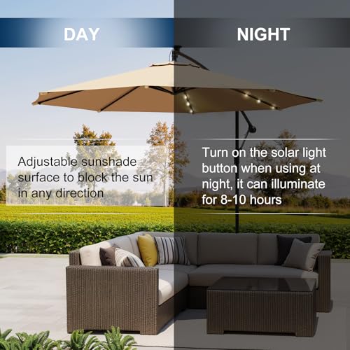 10FT 40-LED Solar Lighted Patio Umbrella with Base Included, Outdoor Offset Cantilever Umbrella, Infinite Tilt, UV Protection for Backyard, Lawn, Garden & Pool - color: Beige, size: 10FT 40LED w/Base (Offset Umbrella)