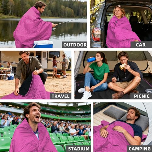 Large Outdoor Waterproof Blanket Extra Thick Fleece Stadium Blanket for Camping, Car, Pet, Picnics - Windproof, Wearable, Machine Washable 80" x 58" (Rose Purple,Hooded) - color: Hooded-rose Purple