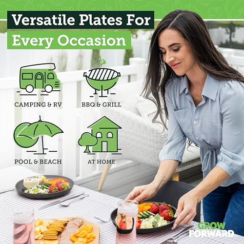 Grow Forward Premium Wheat Straw Plates - 10 Inch Reusable Hard Plastic Dinner Plates Set of 8 - Unbreakable Microwave Safe Plates for Dessert, Camping, RV, Outdoors, Patio, Kitchen Dishes - Midnight - color: Midnight Black, size: 10 inch