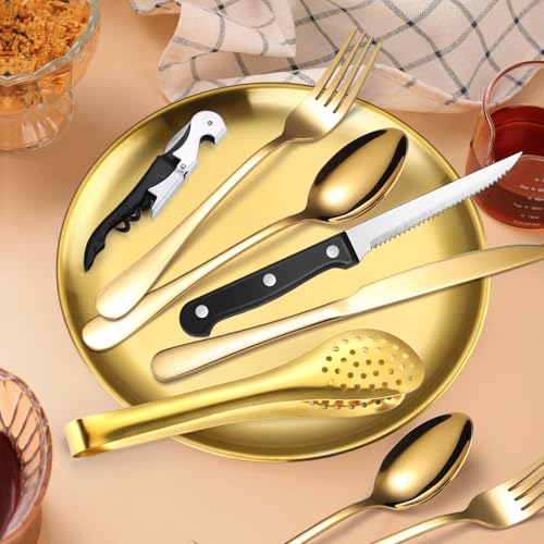 Camping Silverware Kit Cutlery Organizer Utensil Picnic Set Stainless Steel Plate Spoon Clip and Serrated Knife Wine Opener Fork Napkin Hiking - Camp Kitchen BBQ’s - color: Camping Silverware Set-24set-Gold