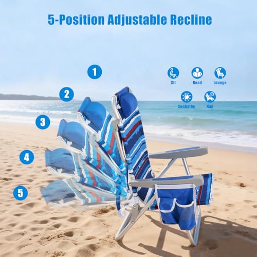 SUNNYFEEL Low Beach Chair 5 Position Lay Flat, Portable Folding Backpack Beach Chairs Heavy Duty with Cooler Bag, Cup Holder for Outdoor/Lawn/Picnic/Fishing, Foldable Camping Chair (New BlueStripe) - color: Blue Stripes, size: 1-pack