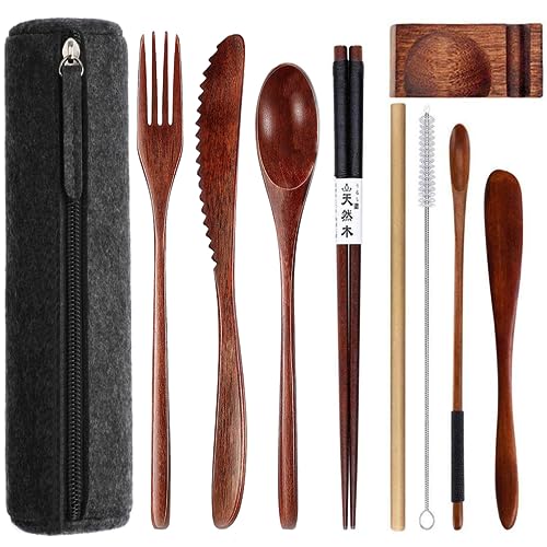 Wooden Utensils for Eating wooden cutlery set with Updated case Reusable 9 Pcs Travel Utensils Wooden Bamboo Fork and Spoon Set Wood Flatware Set for Eating with Knife Fork Spoon Chopsticks - color: Wooden Utensils for Eating with Updated Case