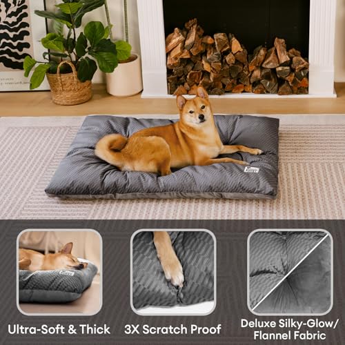 FUNNY FUZZY Washable Dog Crate Pad 35.4x22.8, Double-Sided Cooling Linen & Sherpa, Flat Crate Mat/Kennel Pad, Rectangle Dog Bed for Medium/Large Dogs & Cats, Charcoal Grey - color: Grey, size: 35"× 23" Large