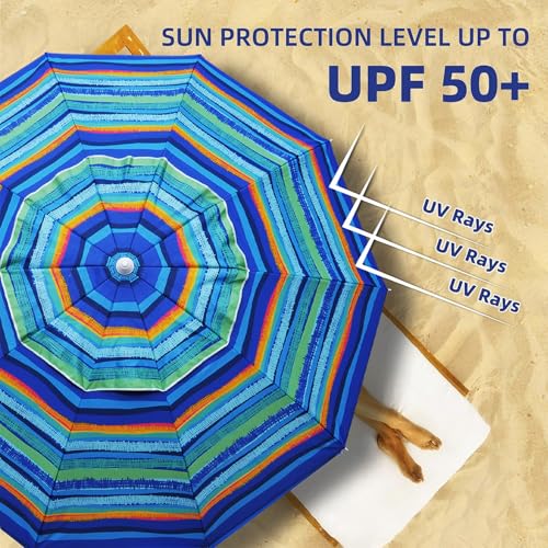 AMMSUN 8 Feet Large Beach Umbrella with Sand Anchor Heavy Duty High Wind Portable Outdoor Umbrellas UV 50+ Protection Air Vent Tilt Patio Garden Pool - color: Green Stripes