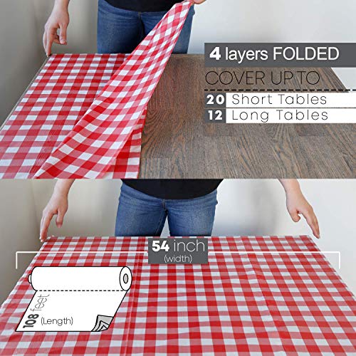 Neatiffy Disposable Plastic Table Cloth Roll | 54 in x 108 Ft Waterproof Tablecloth | Table Cover for Rectangle, Square, Round Oval Tables | Picnic, Party, Banquet, Birthdays, Weddings, Red Checkered - color: Red Gingham