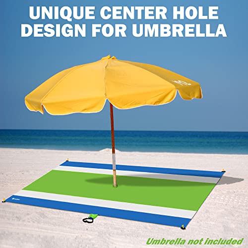 Green Beach Blanket with Umbrella Hole 7ftx5ft- Water Resistant, Sandproof, Lightweight, Rip-Stop Nylon with Umbrella Hole & Sand Pockets, Camping Essentials, Beach Canopy Compatible - color: Green, size: 7x5