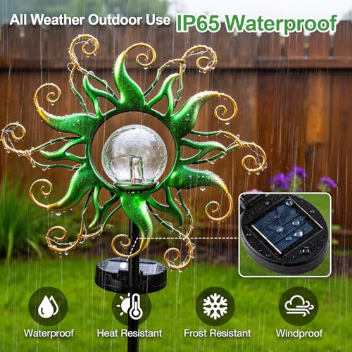 Solar Garden Lights Outdoor, Green Metal Sun Stake with 30 LED Waterproof Vine String Crackle Glass Spring Decor for Patio,Yardr,Lawn Gardening Birthday Gifts - color: Green