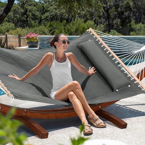 ANOW 13.5FT Curved Wood Stand with Portable Hammock, Heavy Duty Larch Wood Arc Stand with 2 Chains, 4 Balance Ropes and 4 Carabiners, Includes Gray Hammock with Spreader Bars - color: Gray-quilted