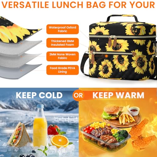 Tenot Insulated Lunch Box for Women Reusable, Leak Proof Cooler Lunch Bag Women for Work Stylish Quilted Lunch Tote Bag for Adult Picnic Travel Hiking Sunflower Floral - color: Sunflower Floral