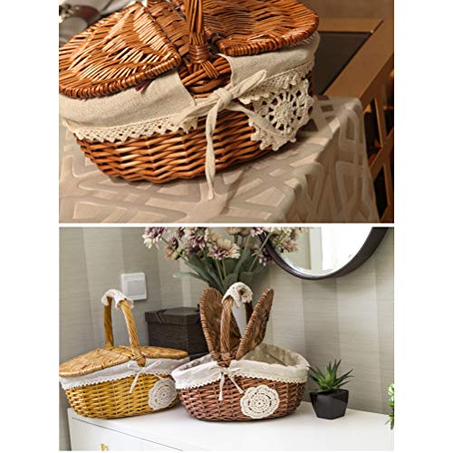 Walfront Traditional Brown Wicker + Linen Picnic Basket 26 * 18 * 16cm Handle Height 30cm with Insulated Lining and Cutlery Set