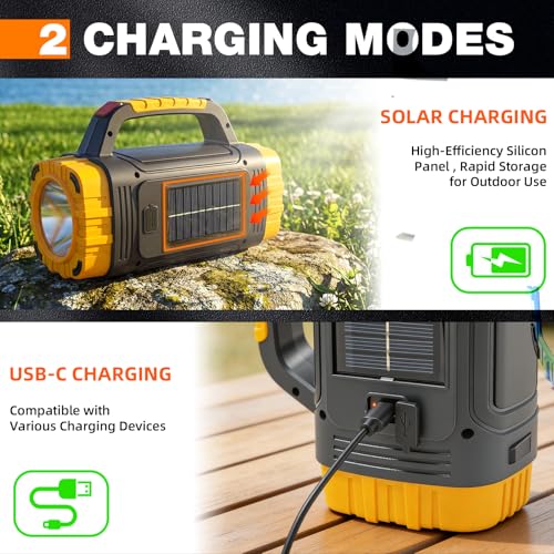 Solar Powered Flashlight Rechargeable, 8 Light Modes 2000mAh Battery 3000 Lumens USB LED Handheld Flashlights, Multi-Function Flashlight for Emergency Spotlight Camping Lantern Hiking (YELLOW)1PC - color: Yellow