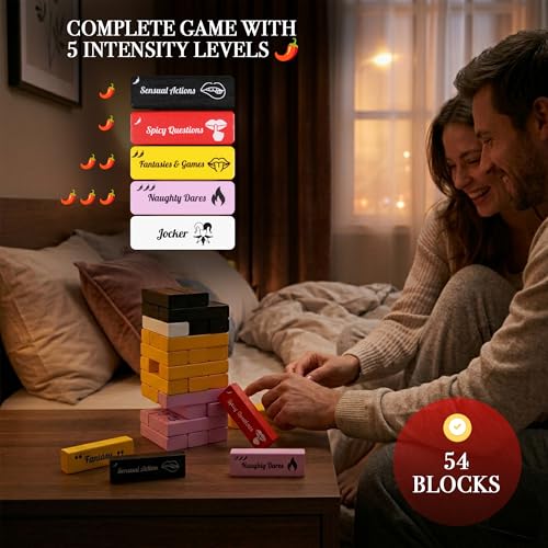 Risk or Drink - Naughty Wooden Block Tower Game for Couples, Freak or Drink 54 Challenges + Blindfold & Dice, Date Night Dares, Do or Drink, Valentine's Day
