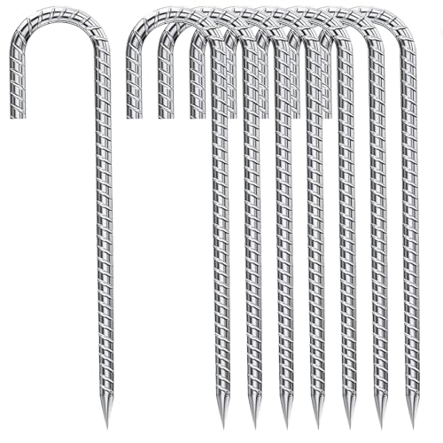 J-Hook-Rebar-Stakes-12 Inch, Ground Stakes Heavy Duty Rebar Stakes for Camping 8pcs Rebar Stakes Rust Proof Coated Metal for Flower Gardens Dog Fence Camping Tents Chicken Coop - color: Silver-J-HOOK, size: 8pcs