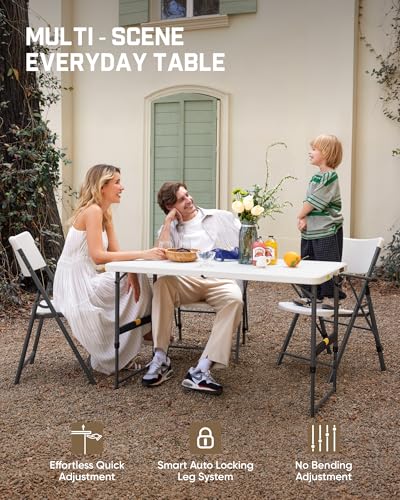 FanttikOutdoor Folding Table 4 Foot, Effortless Quick Adjustable Height Foldable Small Card Table, Fixing Lock, Stable for Party Dining Events Picnic Indoor Outdoor Camping, 2-Pack, Zeta X4 Pro White - color: Granite White