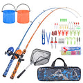 CODEK Kids Fishing Pole Set with Full Starter Kits 2 Set Portable Telescopic Fishing Rod and Spincast Reel Cambos with a Fishing Net and 2 Buckets for Boys Girls and Youth - color: Blue+Orange
