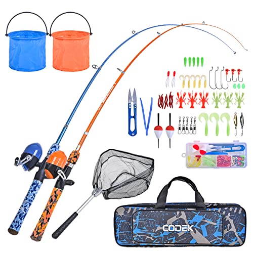 CODEK Kids Fishing Pole Set with Full Starter Kits 2 Set Portable Telescopic Fishing Rod and Spincast Reel Cambos with a Fishing Net and 2 Buckets for Boys Girls and Youth - color: Blue+Orange