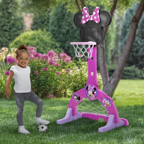 Delta Children Disney Minnie Mouse 4-in-1 Sports Center – Adjustable Easy Score Basketball Hoop, Soccer/Hockey Net and Golf Game, 4 Golf/Hockey Balls, Pink - color: Minnie Mouse