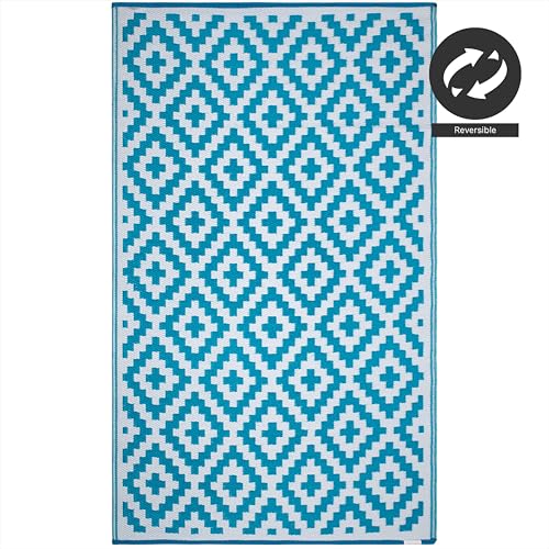 FH Home Outdoor Rug - Waterproof, Fade Resistant, Reversible - Premium Recycled Plastic - Geometric - Large Patio, Deck, Sunroom, Camping, RV - Aztec - Teal & White Crease Free - 6 x 9 ft - color: Aztec - Teal & White, size: 6' x 9' (Rectangular)