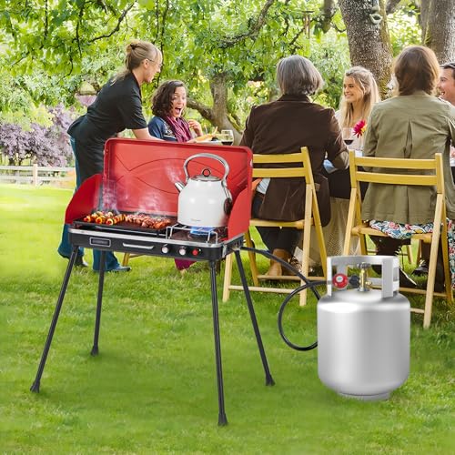 HAPPYGRILL Portable Camping Stove, 2-Burner Propane Grill Cooker with Removable Leg Stand, Roast Grill, Dual Control Knobs, Wind Guards, Outdoor Gas Grill for Camping BBQ Picnic, Red - color: Red