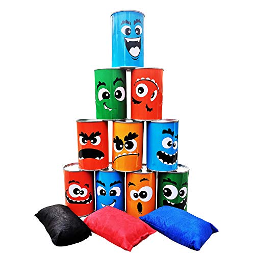 Bean Bag Toss Game for Kids Outdoor Indoor Family Fun, Knockdown Tin Can Alley Game for Holiday Birthday Party Games - 10 Funny Face Cans and 3 Beanbags