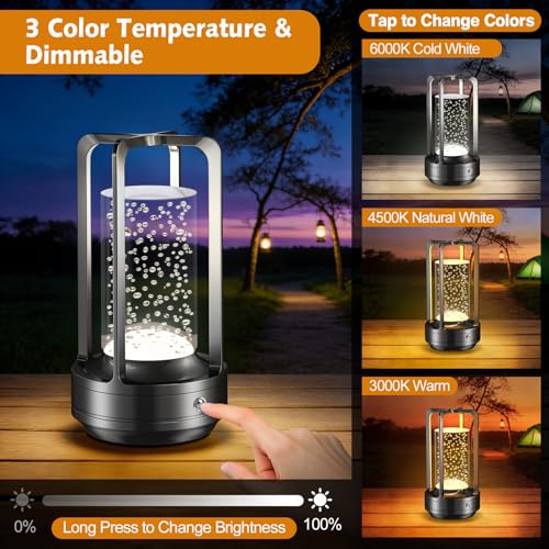 Portable Table Lamp for Outdoor Indoor: Cordless Rechargeable Desk Lamp with 3 Color Stepless Dimmable - Metal Battery Operated Lantern Light for Bedroom/Bar/Coffee Shop/Camping (Black (Bubble)) - color: Black (Bubble)