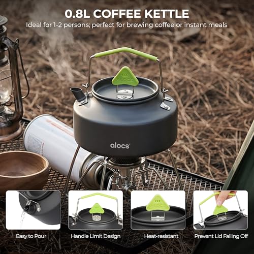 Alocs Camping Cookware Set - Lightweight Camping Pots and Pans - Portable Outdoor Cookware with Kettle - Camping Cookware Mess Kit for 2 - style: Ergo-grip Edition (4-piece)