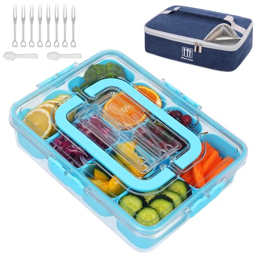 Snack Box Container with Insulated Cooler Bag, Divided Serving Tray with Lid and Handle Beach Essentials, Snackle Box Veggie Fruit Tray with 8 Compartments & 8 Forks & 2 Spoon Blue - size: Blue