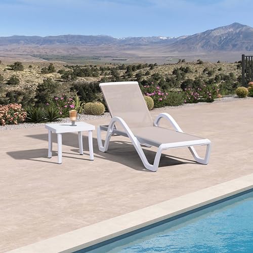 PURPLE LEAF Patio Chaise Lounge Chair Set Outside Aluminum Plastic Stackable Tanning Chairs with Armrests and Side Table for Pool Sunbathing Beach Deck Outdoor Lounger, Khaki - color: Khaki, style: 1 chair(w/Arms) + 1 table