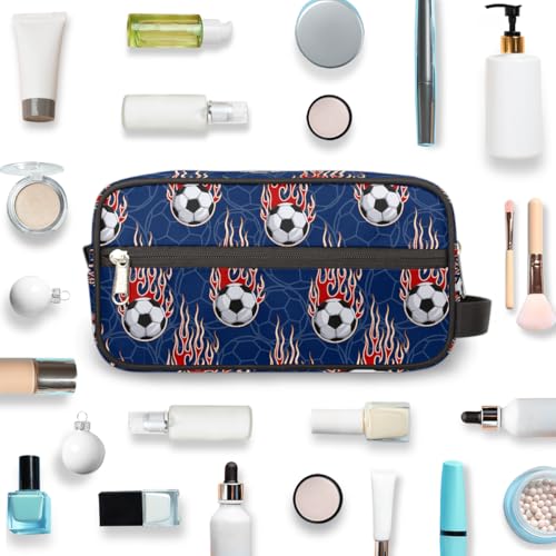Kids Travel Toiletry Bag - Waterproof Hanging Cosmetic Hygiene Bags for Boys Men - Fire Soccer Ball Large Shave Kit for Toiletries Accessories Bathroom Stuff - color: Fire Soccer Ball