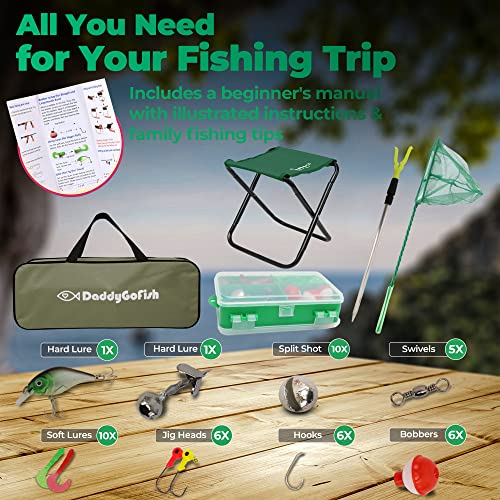 DaddyGoFish Kids Fishing Pole - Rod Reel Combo Tackle Box Starter Set - First Year Small Dock Gear Kit for Boys Girls Toddler Youth Age Beginner Little Children Junior Anglers - color: Green (Complete Set), size: 4ft