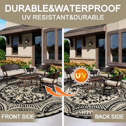 Capslpad 8x8 Floral Outdoor Rug for Patio Clearance Reversible Mat Round Portable Plastic Straw Carpet Waterproof Boho Indoor Outside Area Rugs for RV Camping Picnic Balcony Deck, Black and Brown - color: Black&brown, size: 8' (Round)