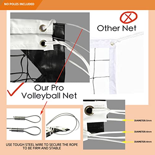 Professional Volleyball Net Heavy Duty Replacement Net - 32x3 FT - Steel Cable & Reinforced Dowels, 4" Square Mesh - for Outdoor Indoor, Backyard, Beach, Court, Pool, Park, School, Drills