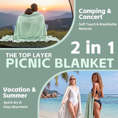 2 in 1 Extra Large Outdoor Picnic Mat Woven Summer Throw Blanket Boho Giant Beach Travel Essential Yoga Accessories Park Patio Lawn Garden Grass Ground Play Music Festival Concert Must Have - color: Sage Green