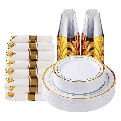 Goodluck 175 Piece Gold Plastic Dinnerware Set for 25 Guests, Fancy Disposable Plates for Party, Include: 25 Dinner Plates, 25 Dessert Plates, 25 Pre Rolled Napkins with Gold Silverware, 25 Cups - color: Gold, style: 175 Piece (25 guests)