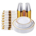 Goodluck 175 Piece Gold Plastic Dinnerware Set for 25 Guests, Fancy Disposable Plates for Party, Include: 25 Dinner Plates, 25 Dessert Plates, 25 Pre Rolled Napkins with Gold Silverware, 25 Cups - color: Gold, style: 175 Piece (25 guests)