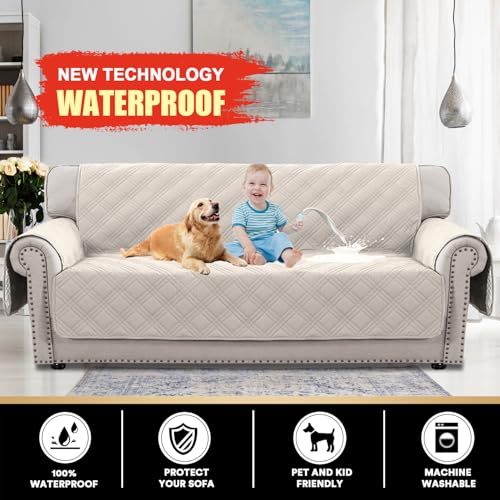 PrinceDeco 100% Waterproof Couch Cover for 3 Cushion Couch Sofa Pet Friendly Non-Slip Couch Cover for Dogs Washable Water Resistant Furniture Protector with Elastic Straps(Sofa 68", French Oak) - color: French Oak, size: Sofa