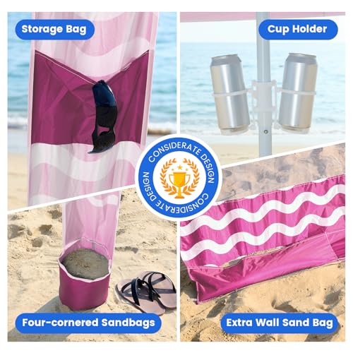 Zeraty Beach Cabana 8'×8', Portable Beach Canopy with Side Wall, UPF 50+ Silver-Coated Beach Tent Sun Shelter, Wind Resistant Adjustable Altitude Beach Umbrella Tent for Family, Pink - color: Pink