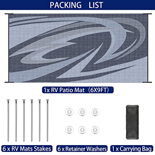 EEZ RV Products 6'x9' GW Heavy Duty Reversible/Durable Outdoor Patio/RV Mats (9ft x 6ft Grey) Come with Large Storage Bag & 6 Sets of Stakes and Washer - color: Grey, size: 6' x 9' (Rectangular)